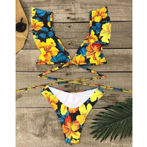 Bikini set Women flowers print bandage triangle Beachwear push up padded bra bottom thong 2pcs Biquinis Summer holiday Swimming