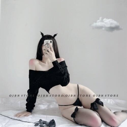 Cute Anime Cosplay Fancy Dress Erotic Lingerie Sexy Costumes Kawaii Sweater Top Set Womens Devil Angel With Pantie And Hairband