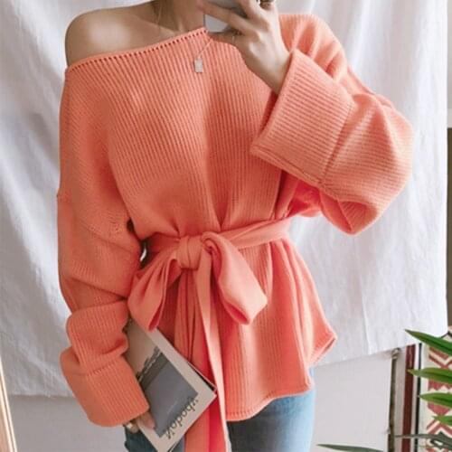 Trendy Fad Womens Sweaters Autumn Winter Casual Fashionable Off Shouder Slash Neck Knitted Lace Up Korean Jumpers SW5203