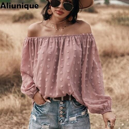 Aliunique Trendy New Sexy Slash Neck Casual Top For Women 2021 Summer Fashion Design Lady Dot Embroidery Long Sleeve T-shirt