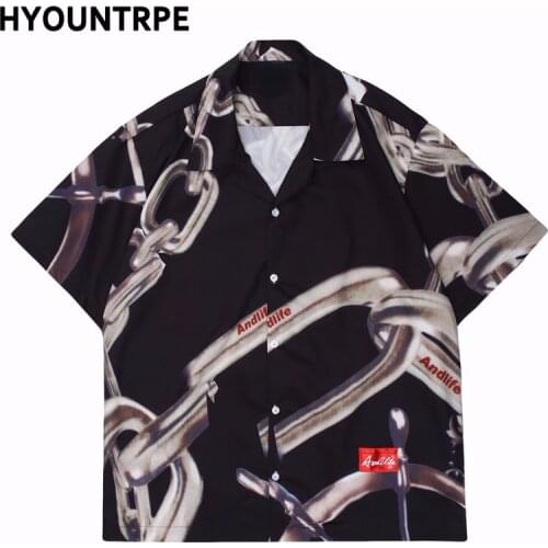 Mens Hawaiian Shirt Hip Hop Harajuku Chain Print Streetwear Button Up Beach Shirt Summer Unisex Short Sleeve Casual Tops Shirts