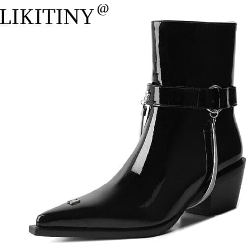 NEW LIKITINY 2021 Spring Autumn Womens shoes Sexy Elegant Genuine Leather White Chunky Heels Zipper Heels Short Boots