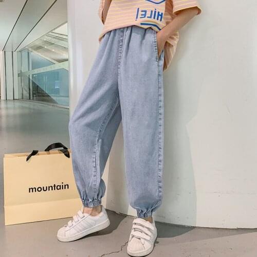 2021 New Summer Casual Clothes Children Loose Pants Girl Blue Thin Sweatpants Kids Breathable Jeans 120-170cm Girl Simple Pants
