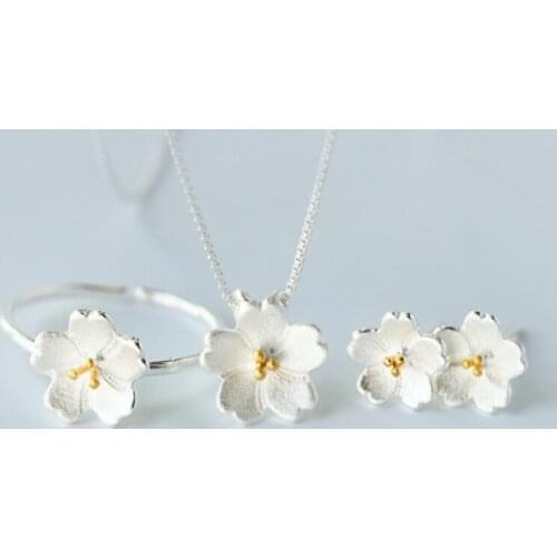 2020 New Trendy Cherry Blossoms Flower Jewelry Set for Women Elegant Silver Color Earrings Ring Chain Necklace Jewelry Sets Gift