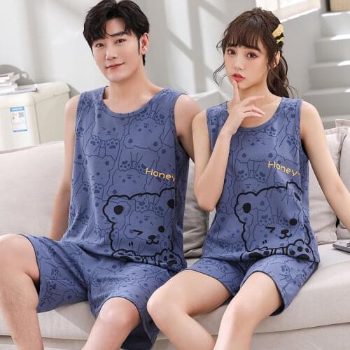 Pajama Sets Couples 2021 New Summer Clothes For Women Vest Tops & Plaid Short Pants Men Pajamas Knitted Cotton Suit4XL Nightwear