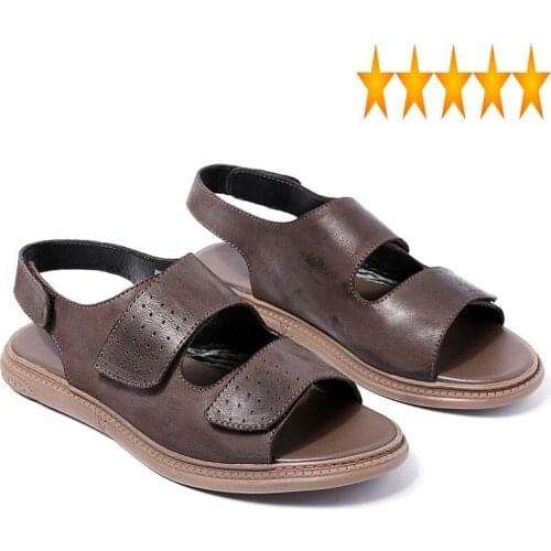 Beach Vintage Antiskid Mens Summer Leisure Outside Hook Loop Flats Genuine Leather Sandals Man Open Toe Gladiator Shoes