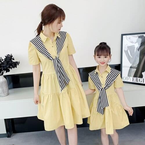 Parent-child Navy Shawl Shirt Bowtie Mother Daughter Matching Dresses Family Look Mommy and Me Clothes Outfits Mama Baby Clothes