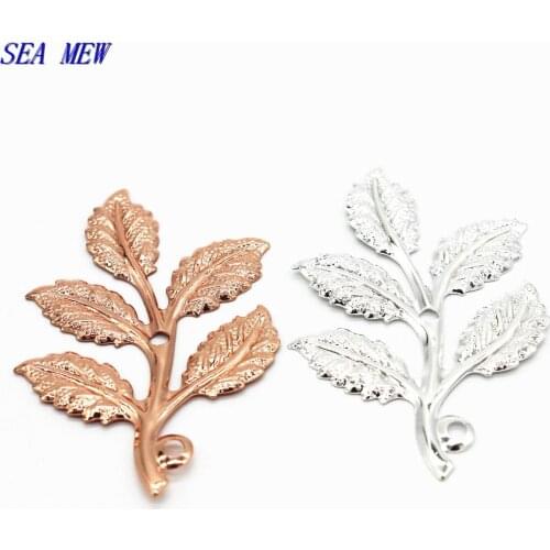 SEA MEW 50 PCS 32*50mm Copper Material Filigree Branch Leaf Pendant 7 Colors Plated Connectors For Jewelry Making