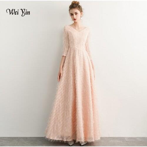 Weiyin Pink White Sexy Women Lace Evening Dress 2021 V Neck Sexy Long Sleeves Formal Prom Party Dresses WY1188