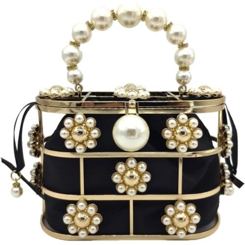 Boutique De FGG Pearl Top-Handle Black Bucket Women Flower Evening Bags Bridal Chain Shoulder Bag Wedding Purses and Handbags