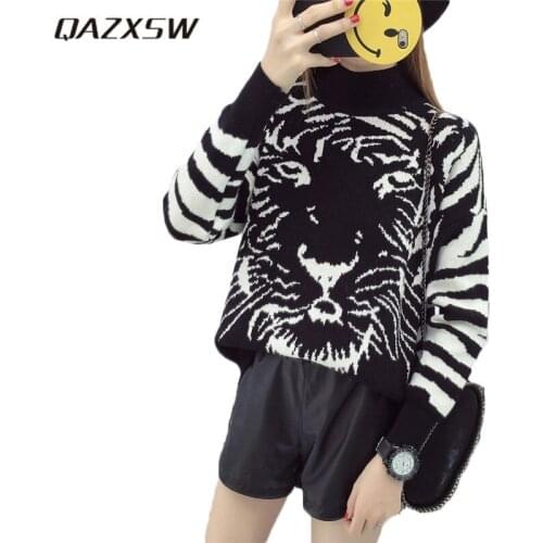 QAZXSW 2019 New Spring Women Sweater Plus Size Casual Tiger Printing Pullovers Long Sleeve Harajuku Turtleneck Girl Jumper HB594