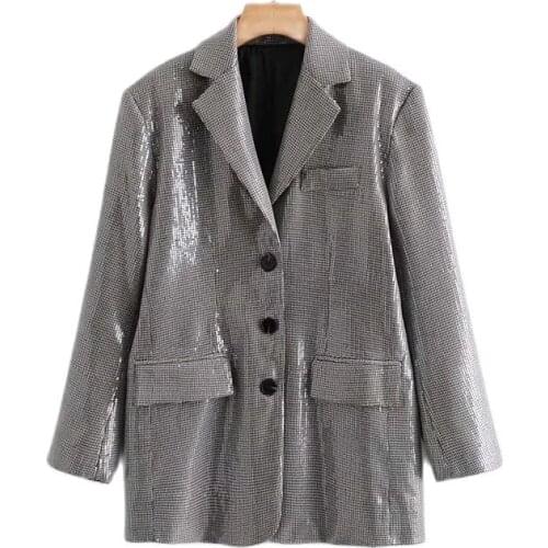 Women Elegant Houndstooth Sequins Decoration Long Sleeve Single-Breasted Slim Check Coat Office Work Lattice Suit Jacket