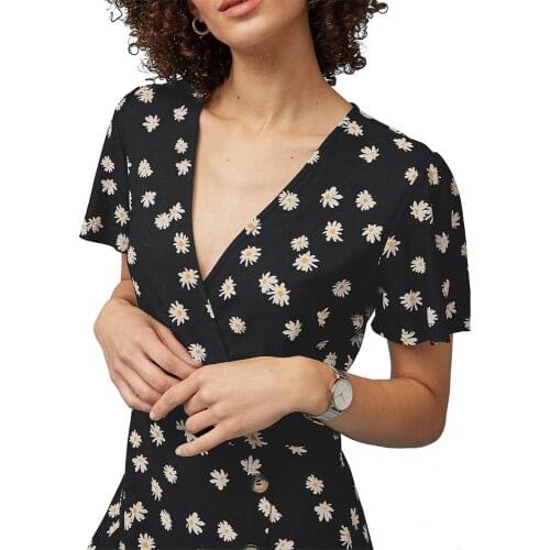 Shylol Women Casual Dress Black Floral Short Sleeve v-Neck Mini Skirt Club Party Dress Summer New Style