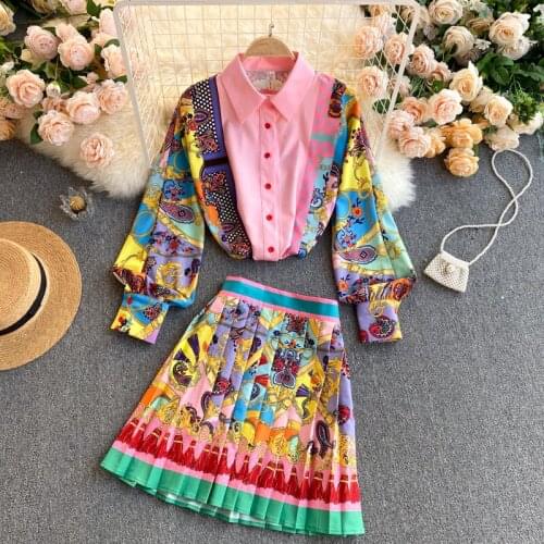 2021 Summer Autumn Fashion Temperament New Exotic Print Puff Sleeve Shirt Female High Waist Slim Skirt Suit Dresses Sets Women