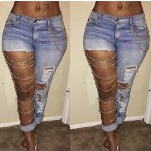 2021 Ladies Fashion Ripped Jeans Light Slim Chain Big Hole Denim Pants Jeans Streetwear Trousers Pencil Pants Sexy Jeans