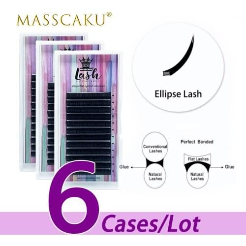 6case/lot MASSCAKU supply customization service mink eyelash 8-18mm & mix length matte black ellipse flat eyelash extensions