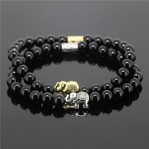 2pcs 6mm Black Grey Green Female Bead Onyx Natural Stone Bead Bracelet Elephant Connector Charm Bracelet Set for Men Jewelry