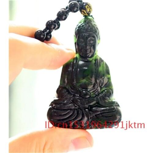 Black Pendant Gifts Jade Obsidian Jewelry Natural Chinese Accessories Buddha Carved Amulet for Men Green Necklace Charm