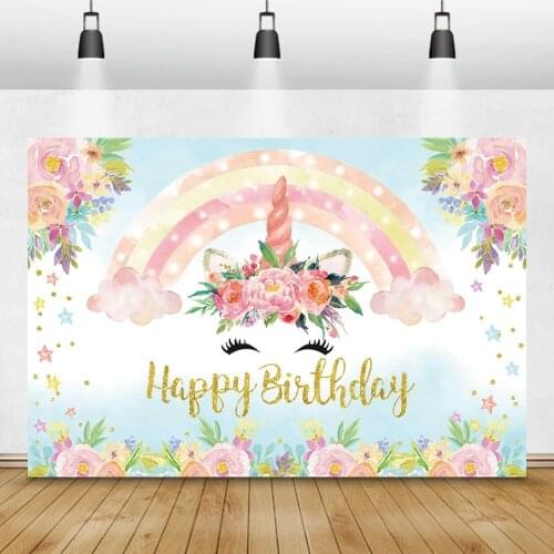 Laeacco Rainbow Unicorn Birthday Party Shiny Dots Flowers Customized Poster Kid Photo Background Photography Backdrop Photocal