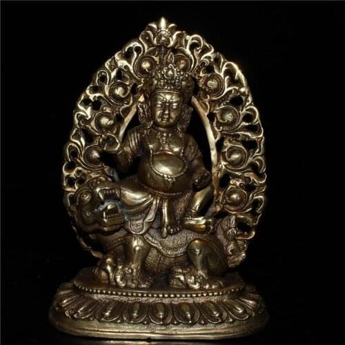 Chinese old Tibetan craft green pine copper Manjushri Buddha statue