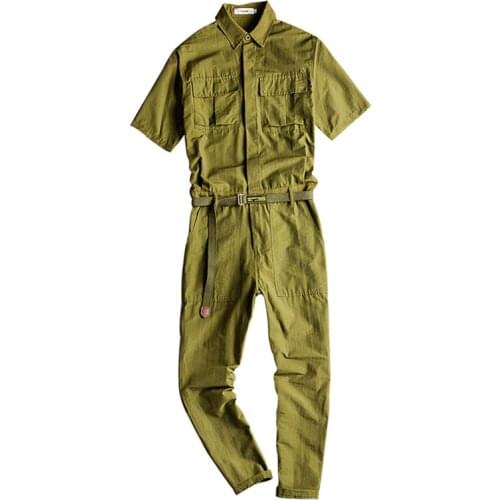 2021 Summer Thin Men Jumpsuit Lapel Short Sleeve Multi-Pocket Breathable Overalls Fashion Yellow Green Pants Workwear Trousers