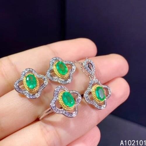 KJJEAXCMY fine Jewelry 925 sterling silver inlaid natural Emerald trendy pendant ring earring set support test Chinese style