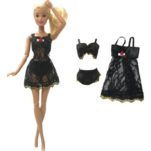 3 Items/ Set Sexy Pajamas Black Clothing Underwear Lingerie Bra Dress Lace Homewear Clothes For Barbie Doll Accessories