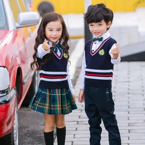 British Children School Uniforms Boys Girls Sweater Top Vest Pleated Skirt V Collar Primary Student Kindergarten Uniforms Set