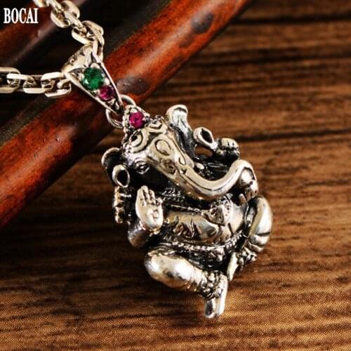 BOCAI New Real Solid s925 Silver Elephant Trunk Inlaid Zircon Man Pendant Three-dimensional Stylish Pendant for Man
