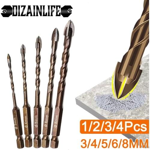 1/2/3/4 Pcs Cross Hex Tile Drill Bits Set Hard Alloy Triangle Glass Stone Ceramic Concrete Drill Bit Hole Opener 3/4/5/6/8mm