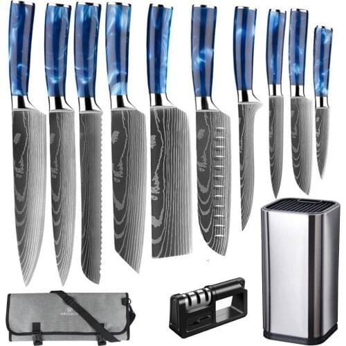2/4/6/8/10 PCS Set Japanese Kitchen knives Professional Chef Knives Blue Handle Laser Damascus Pattern Santoku Cleaver Slicing