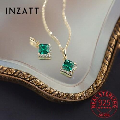 INZATT Real 925 Sterling Silver Zircon Square Green Crystal Pendant Choker Necklace For Women Bohemian Fine Jewelry Accessories