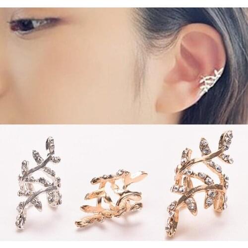 Retro Crystal Earings Rhinestone Leaf Ear Cuff Earrings Warp Clip Ear Clip Womens Fashion Jewelry Graceful