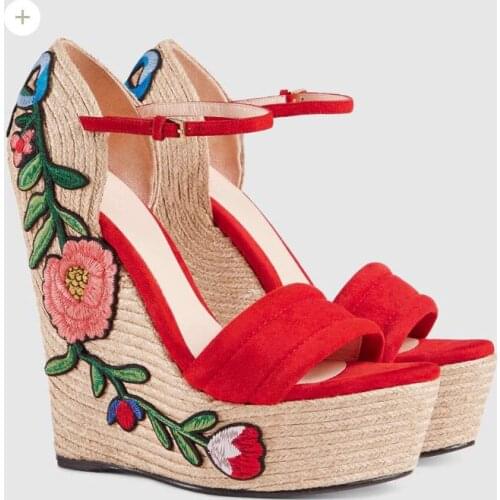 Women Summer Embroidered platform shoes Flock High Heels flower applique supper high heel wedge elegant sandals