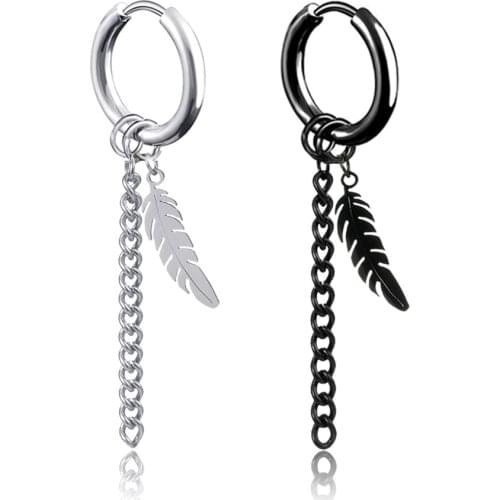 Hiphop Black stainless steel drop earrings for man women long chain feather pendant tassel vintage jewelry non pierced earring