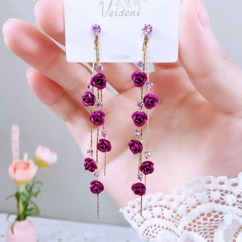 Elegant Roses Petal Dangle Earrings for Women Long Tassel Shiny Zircon Flower Spiral Drop Earrings 2021 Female New Jewelry Gifts