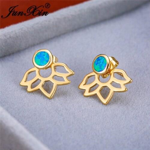 Boho Flower Lotus Stud Earrings White Gold Yellow Gold Round Blue Fire Opal Earrings For Women Wedding Engagement Ear Jewelry