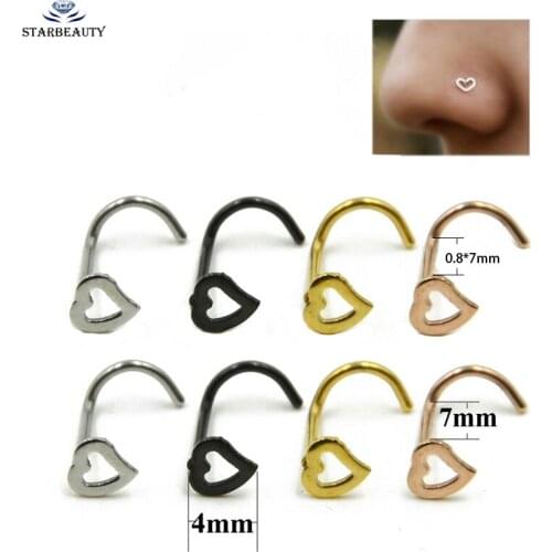 Starbeauty 1Pc 20G Love Heart Nose Stud Piercing Surgical Steel S Shape Rose Gold Silver Color Nose Ring Prong CZ Nose Jewelry