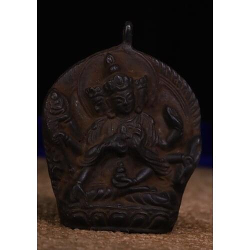 Tibet Buddhism Old Bronze Three heads and six arms Guanyin Bodhisattva Statue Amulet Pendant amulet Exorcism Ward off evil spiri