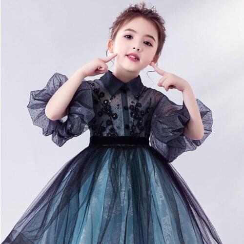 Lapel Tulle Flower Girl Dresses Wedding Evening Gowns Lantern Sleeve Beading Embroidery Formal Dress for girls Birthday Gown L25