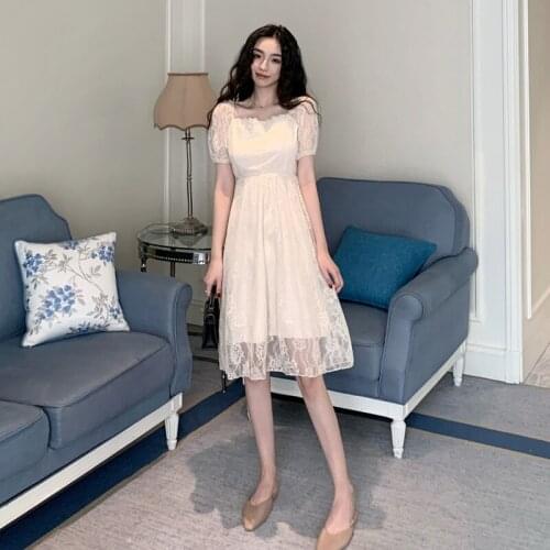 Korean Fashion Women Dresses Lace Puff Sleeve Square Neck French Long Dress Plus Size