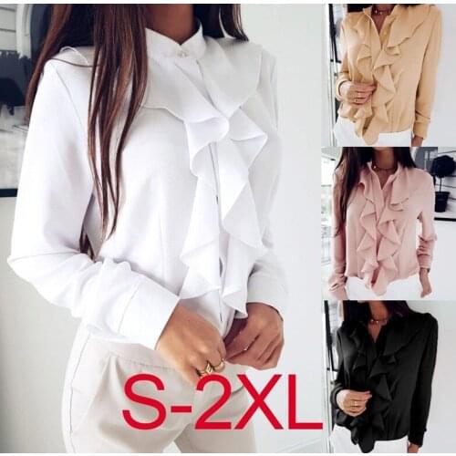 Women Ruffles Frill Work OL Formal T Shirt Ladies Long Sleeve Casual Tops New