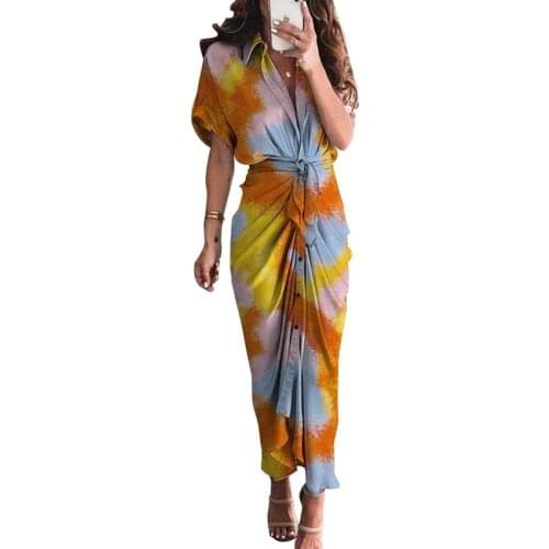 Short Sleeves Summer Women Office Lady Dress Solid Wrap Shiring V neck Elegant Boho Shirt Dress Casual Floral Long Vestidos 3xl