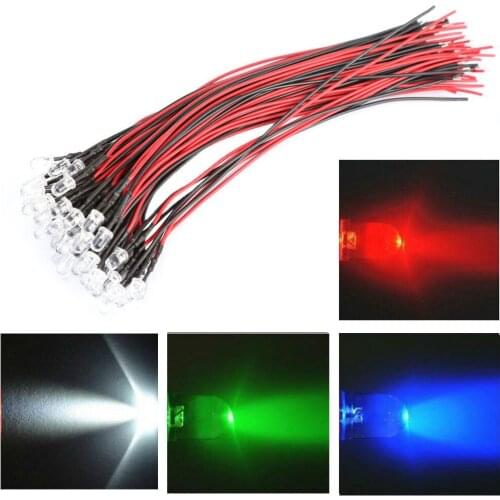 50pcs DC 12V 5mm Vehicle Mini LED Car Light Auto Interior Atmosphere Decor LED Long Bright Lamp Bulbs with Wire Auto Accessories