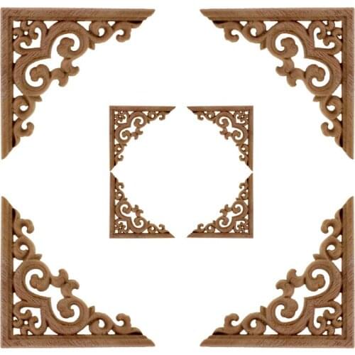 Flower Carving Natural Wood Appliques For Furniture Cabinet Unpainted Wooden Mouldings Decal Decorative Figurines