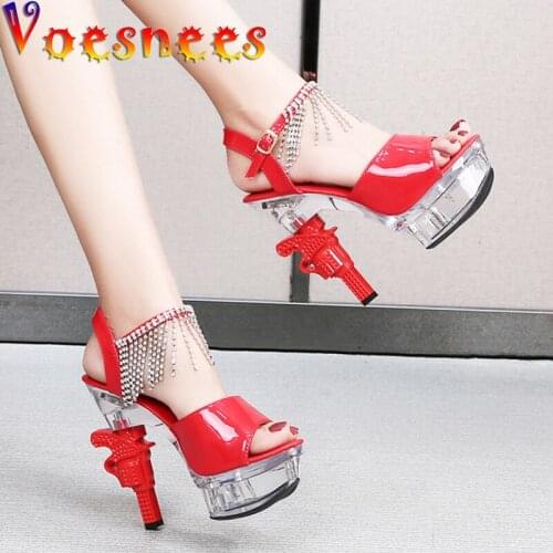 Voesnees Patent Leather Glowing Womens Shoes Rhinestone Pistol Heel New Summer Female Sandals 14cm High Heels Sexy Wedding Shoes