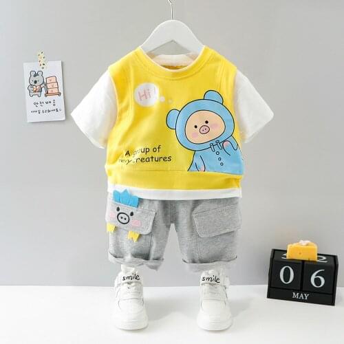 Children Boys Girls Clothes Summer Short-Sleeved Suit Baby Boy Cartoon Fake Two-piece Coat + Pants 2-Piece Set