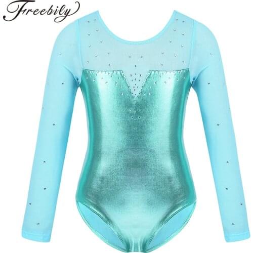 Kids Girl Dancewear Tulle Long Sleeves Sparkly Rhinestones Metallic Ballet Dance Gymnastics Leotard Jumpsuit Competition Costume