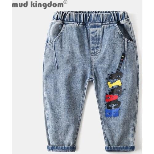 Mudkingdom Kids Denim Pants Casual Letter Guitar Slant Pocket Loose Fit Jean Trousers for Boy Spring Autumn Children Clothing