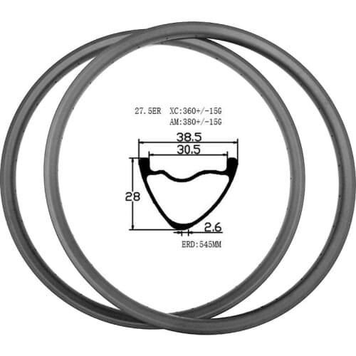 Graphene 27.5er carbon mtb rim XC 38.5x28mm 360g Asymmetry disc mtb rims mountain disc bike rims tubeless tape V shape ERD 545mm